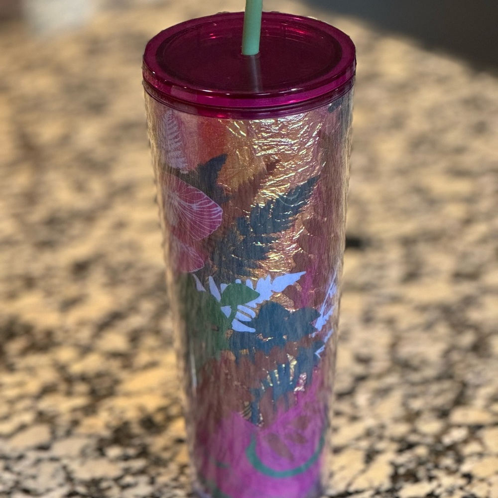 Starbucks Tumbler: 24 oz Gold Crinkle Foil Berry Woodland Mushrooms